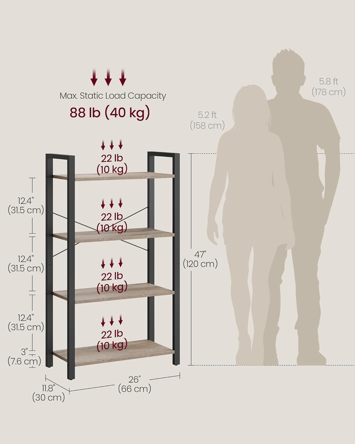4-Tier Heather Greige Bookcase – Industrial Shelf Storage Unit, 120cm Tall