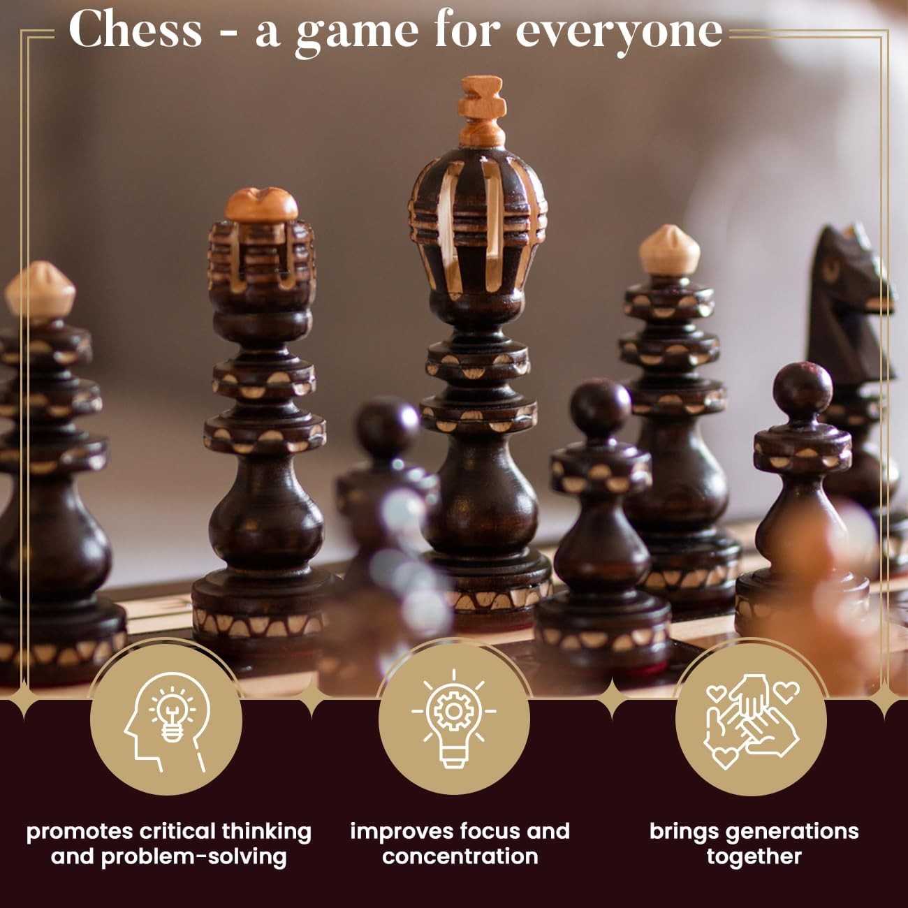 60cm Luxury Wooden Chess Set | Hand-Carved Metal & Wood Pieces | Premium Board