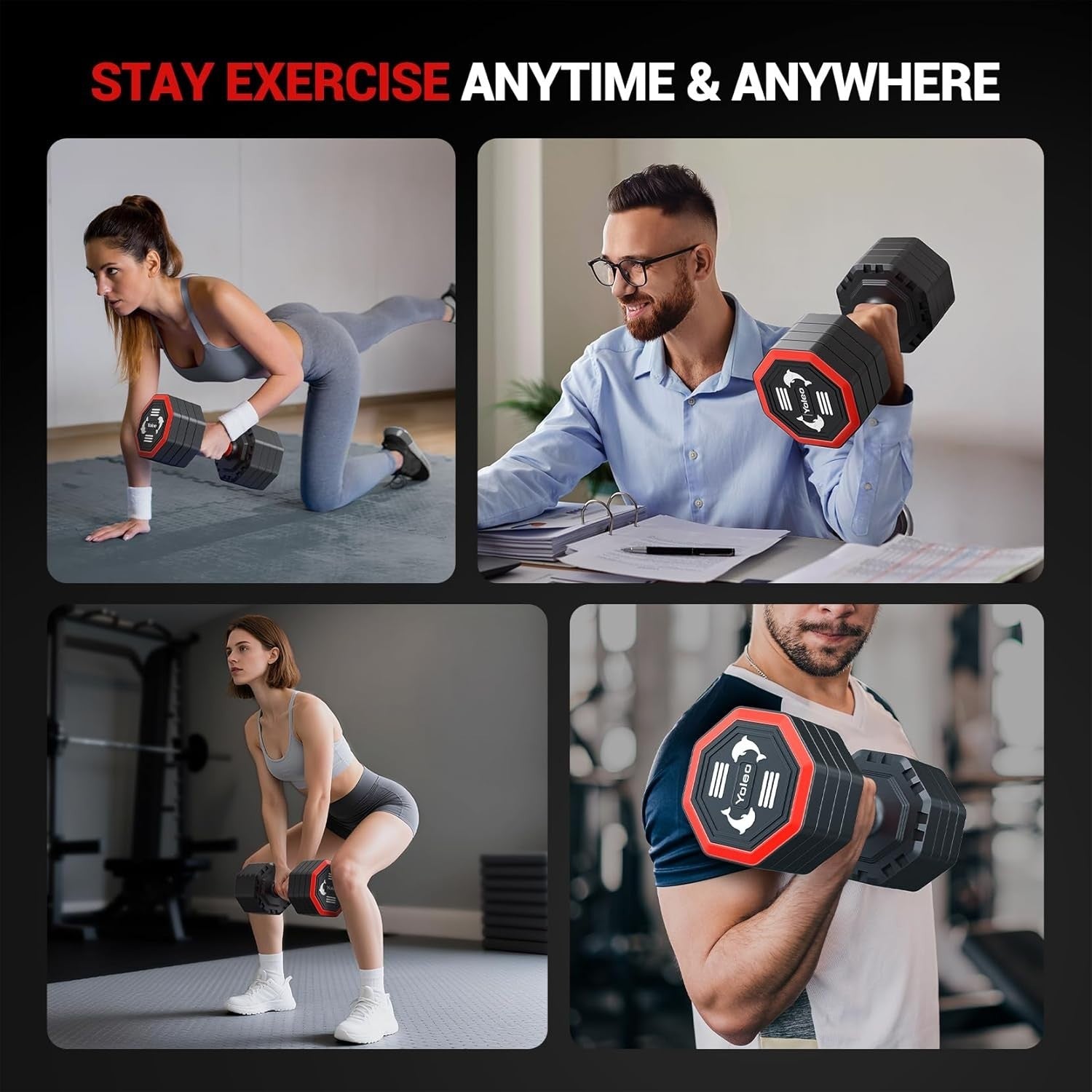 20kg Adjustable Dumbbells Pair 4-in-1 Quick Dial Home Gym Weights Set