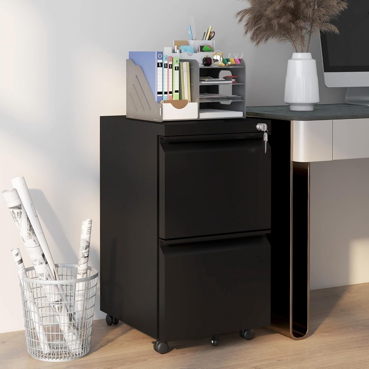 2 Drawer Mobile Filing Cabinet Lockable Steel A4 Letter Office Storage Black
