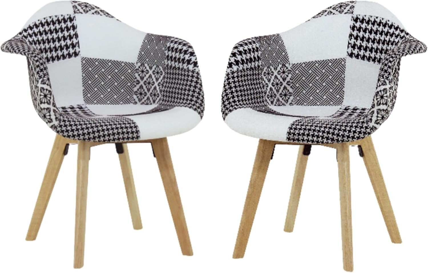 Black White Patchwork Dining Chairs Set of 2 with Arms Wood Legs