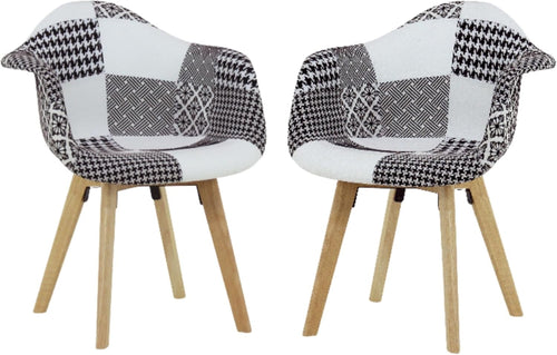 Black White Patchwork Dining Chairs Set of 2 with Arms Wood Legs