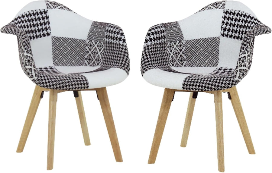 Black White Patchwork Dining Chairs Set of 2 with Arms Wood Legs