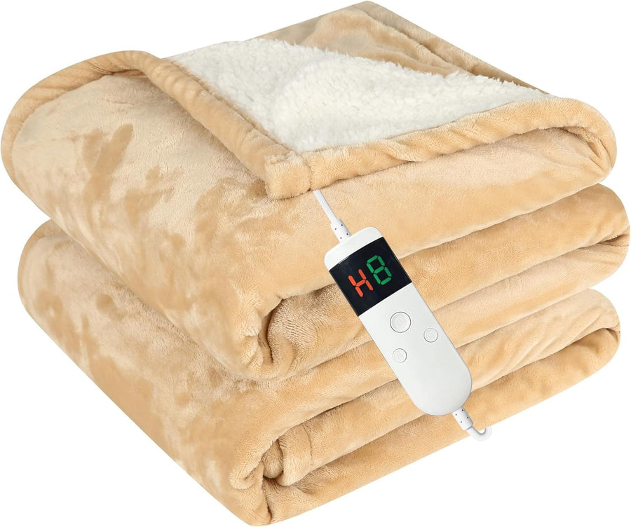 Electric Heated Throw Blanket Khaki 130x160cm Sherpa Fleece 10 Heat Timer