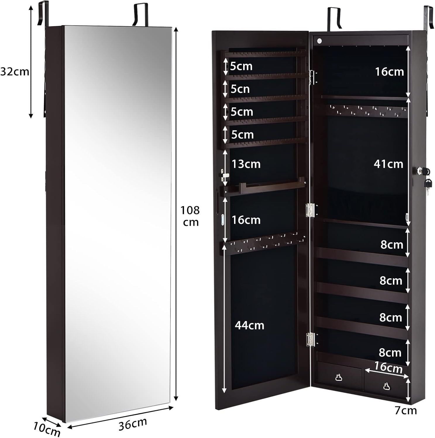 Brown LED Jewelry Armoire Wall Door Mounted Lockable Full Length Mirror