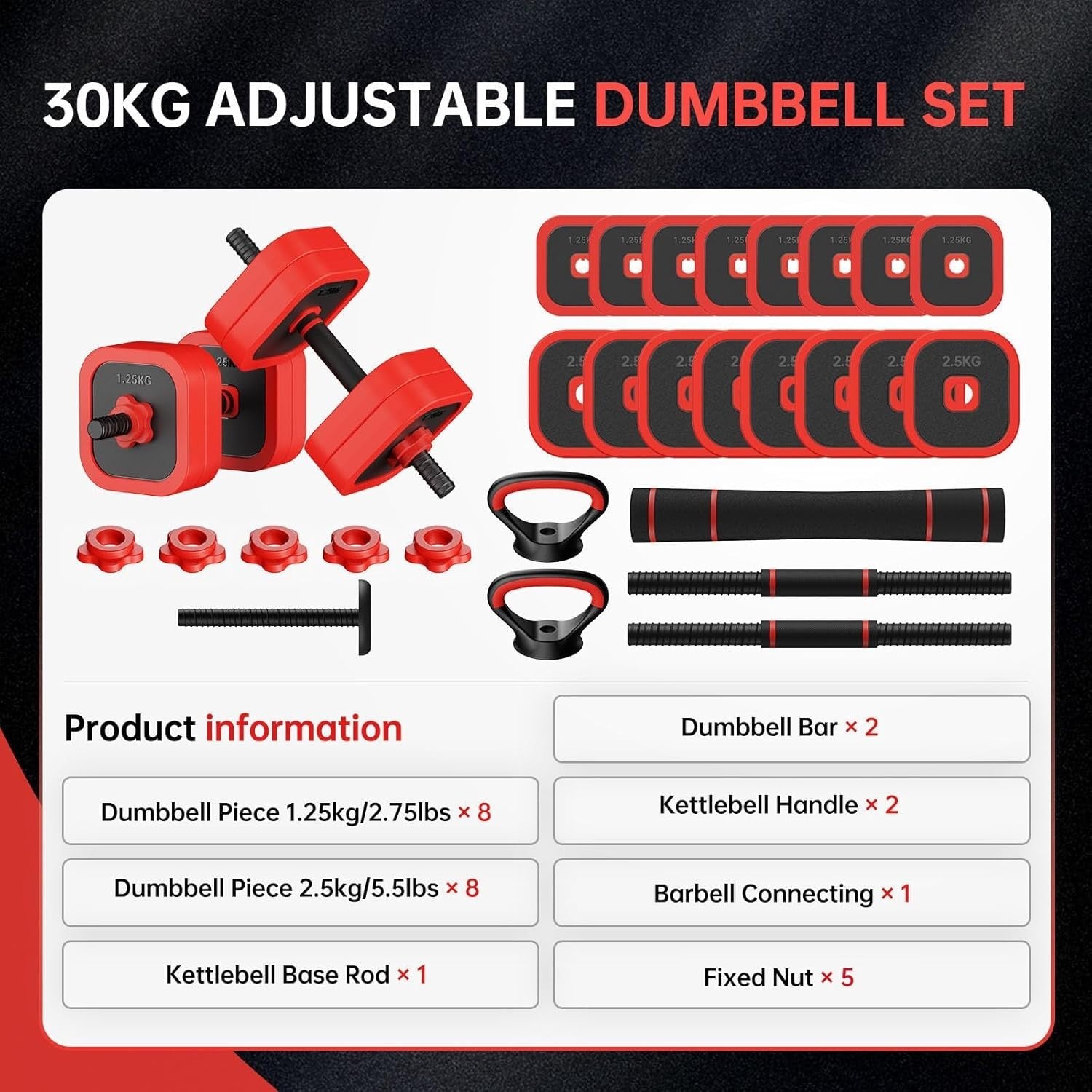 30kg Adjustable Dumbbell Set 4-in-1 Barbell Kettlebell Home Gym