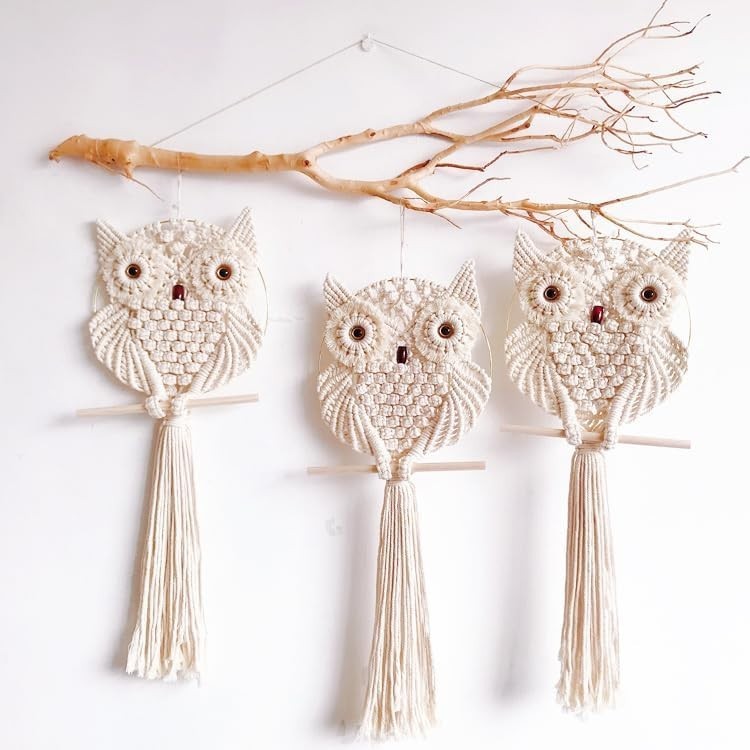 Owl Macrame Wall Hanging 45x15cm Boho Handmade Woven Tapestry