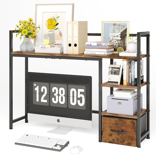 Rustic Brown Desk Hutch Shelf 41.3" 3-Tier Desktop Organizer with Drawer