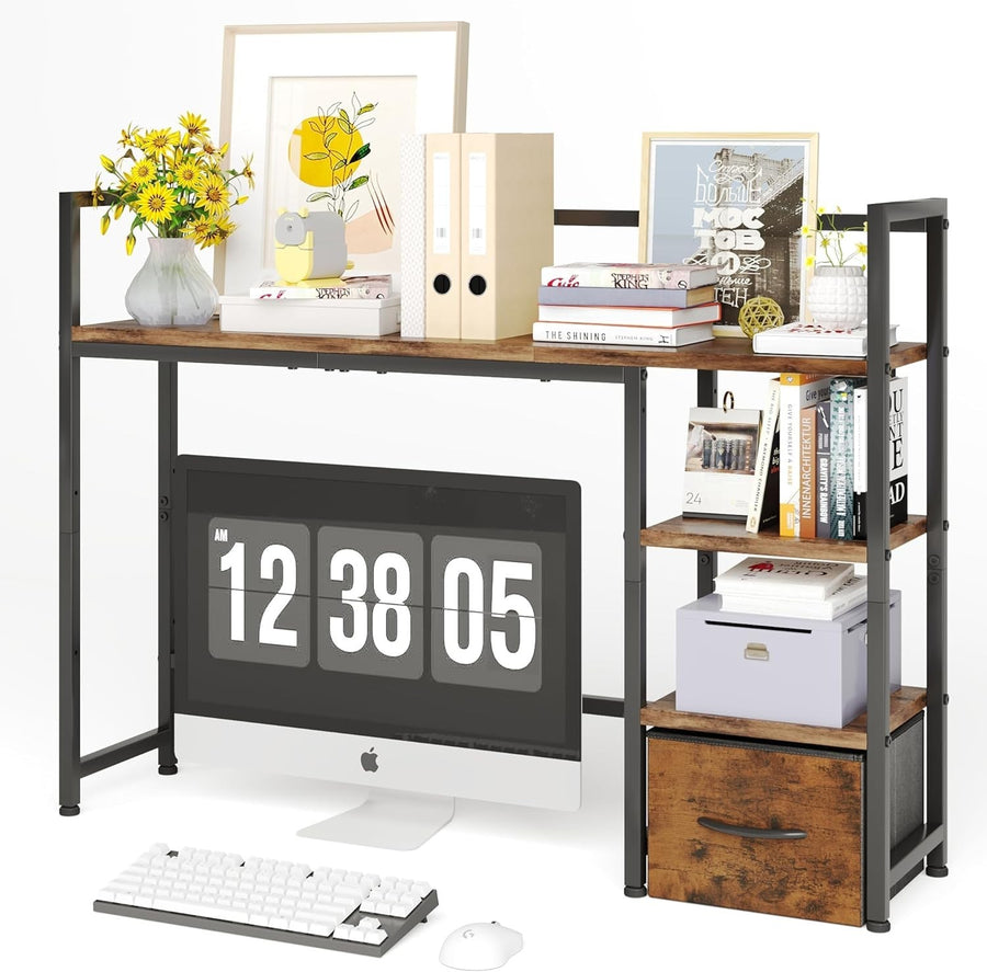 Rustic Brown Desk Hutch Shelf 41.3" 3-Tier Desktop Organizer with Drawer