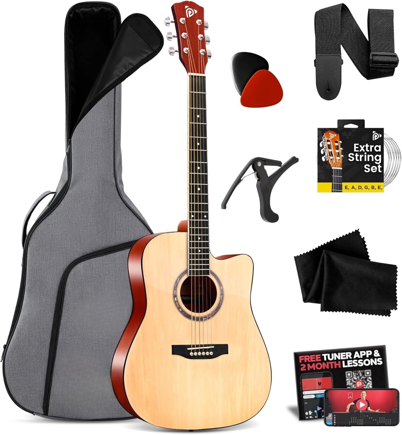 Full Size 41in Dreadnought Acoustic Guitar Starter Kit Natural