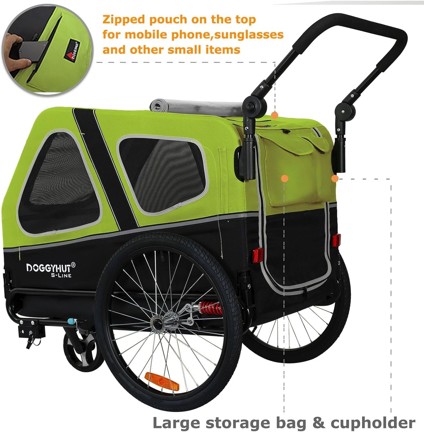 Dog Bike Trailer Stroller 45kg Folding Suspension Cart Green Black with Brakes