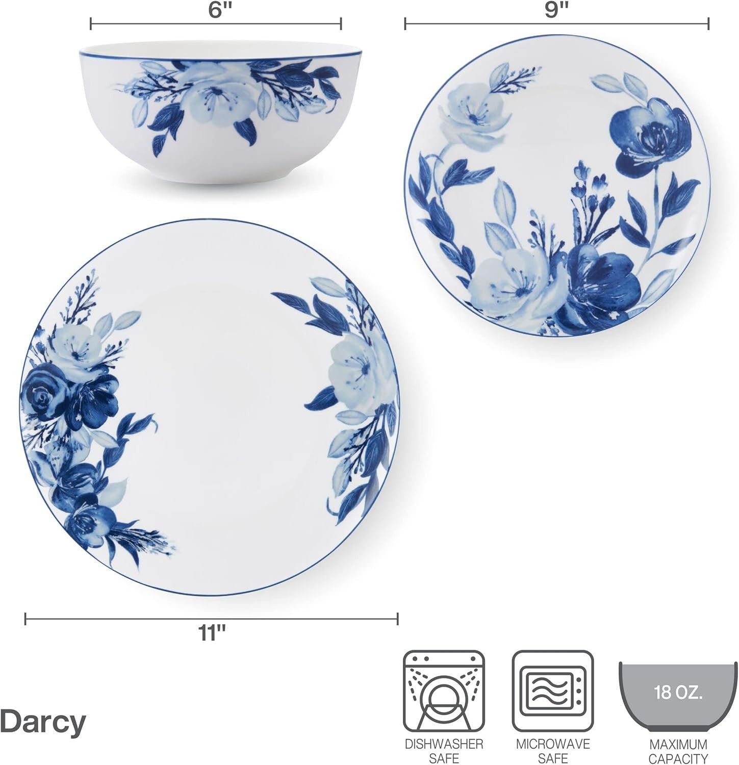 12pc Bone China Dinner Set Blue White Floral Plates Bowls Service for 4