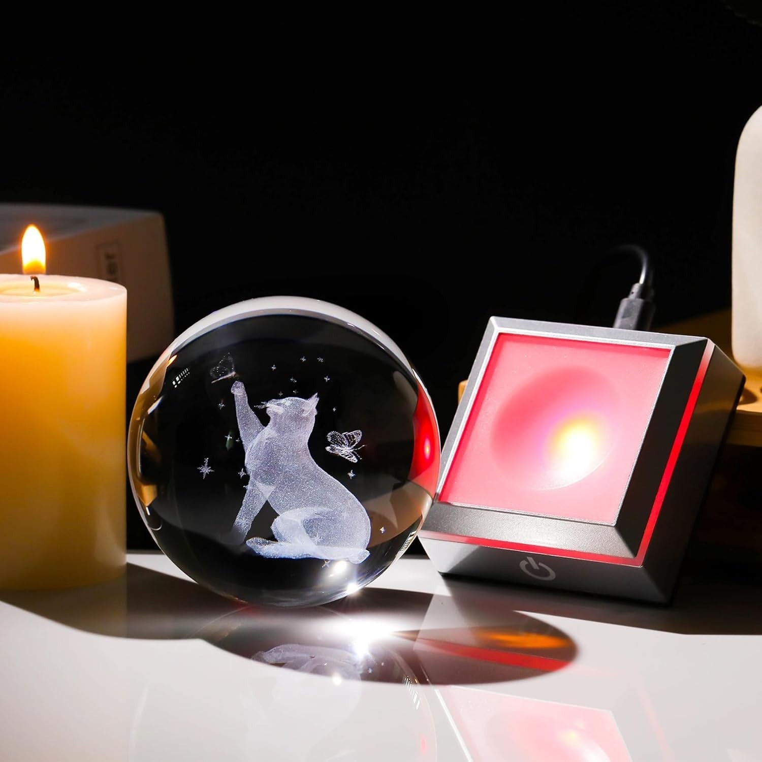 3D Crystal Cat & Butterfly LED Light Ball 80mm Glass Ornament Gift for Cat Lover