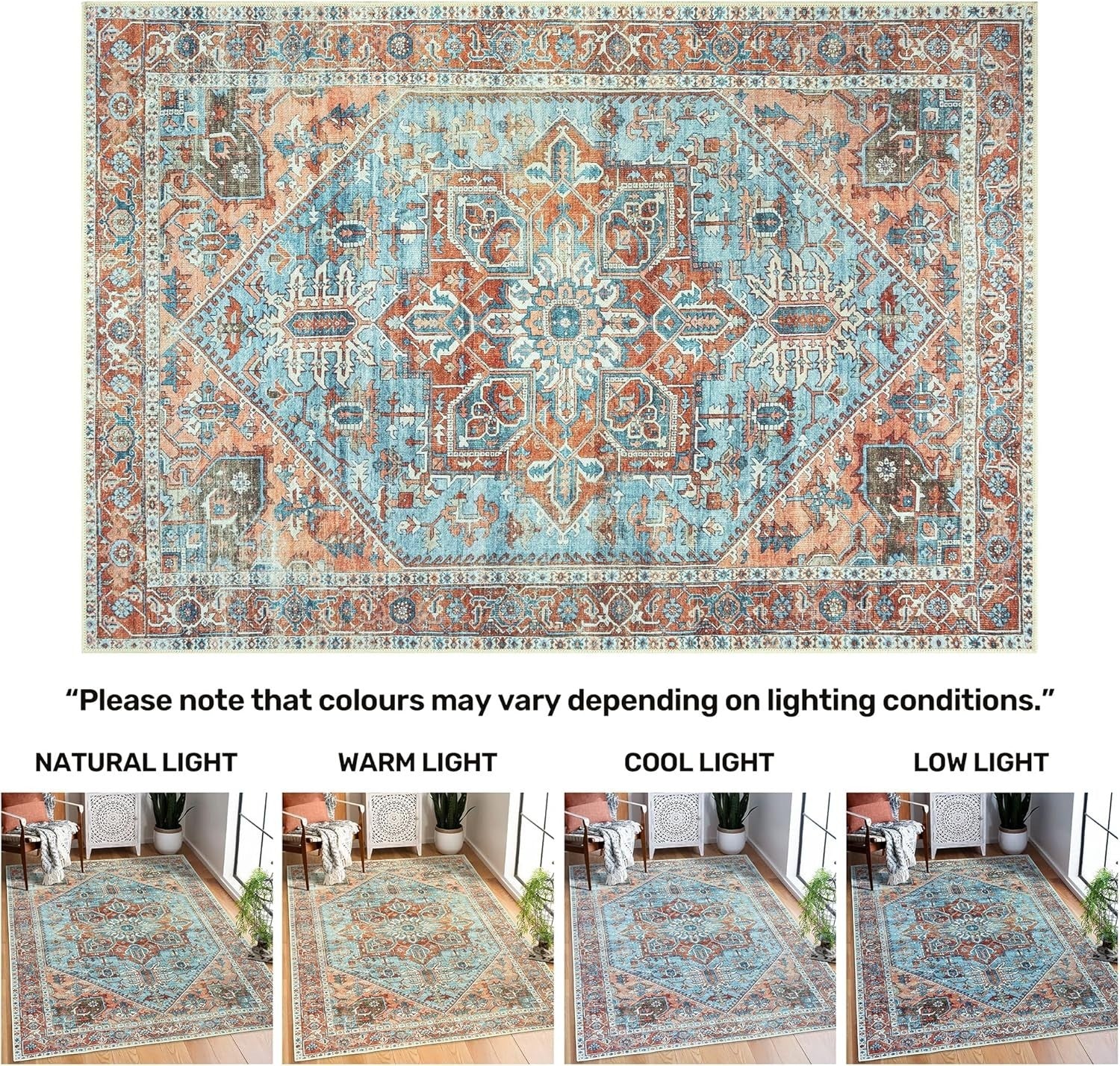 Washable Runner Rug 60x180cm Non-Slip Short Pile Cyan Blue Salmon Vintage