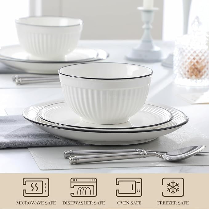 18 Piece White Dinner Set for 6 Embossed Porcelain Plates Bowls Black Rim