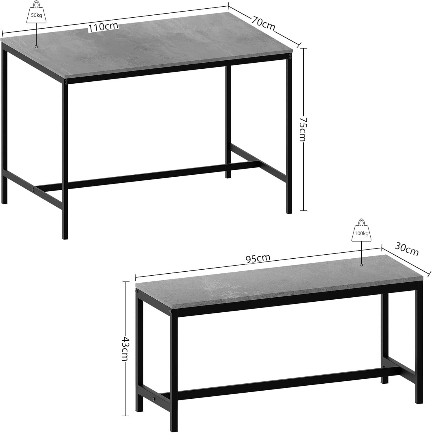 4 Seater Dining Table Set with 2 Benches - Compact Modern Metal Frame Grey