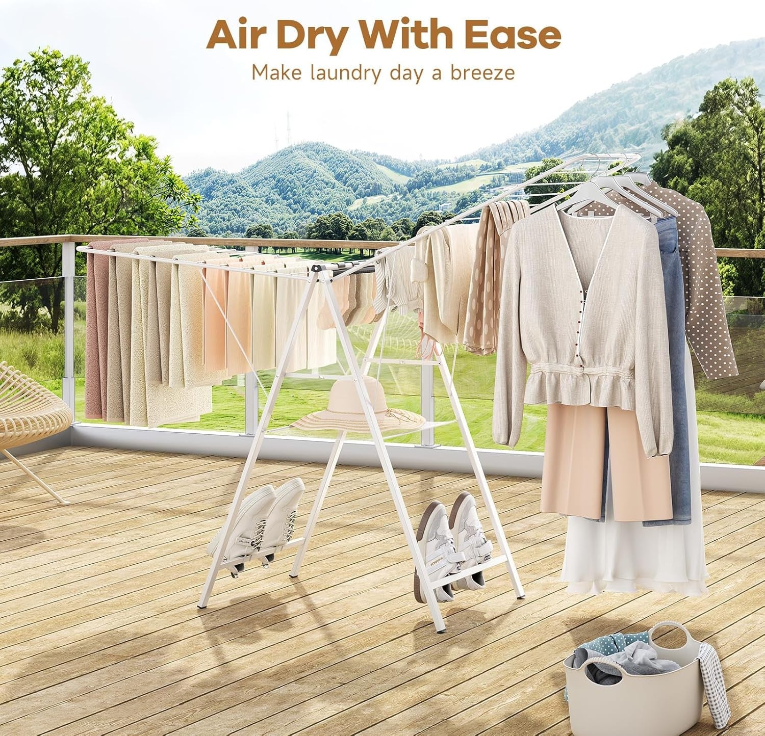 Foldable Clothes Drying Rack Height Adjustable Metal Indoor Outdoor