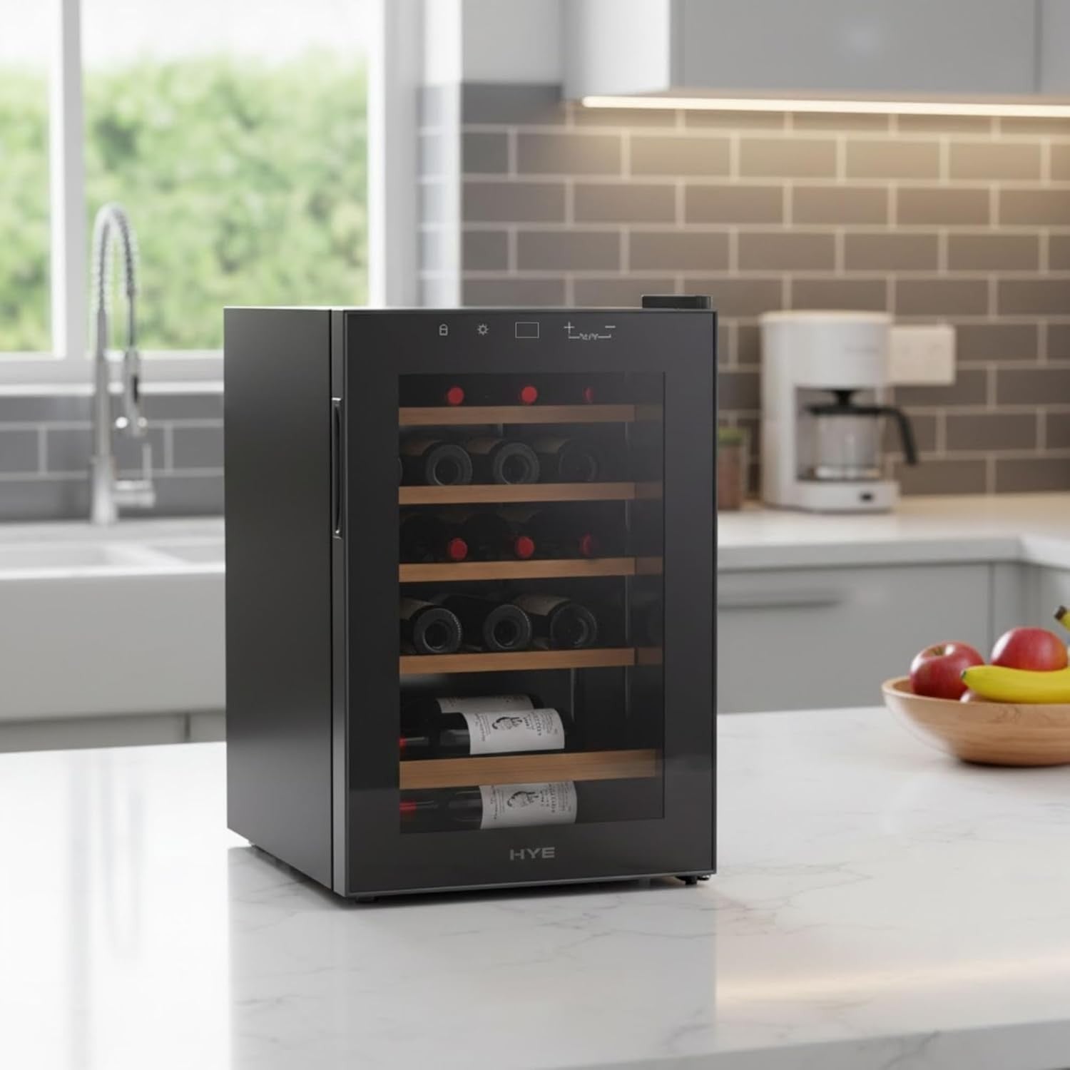20 Bottle Wine Cooler Fridge Glass Door Quiet LED Wooden Shelves Home Bar