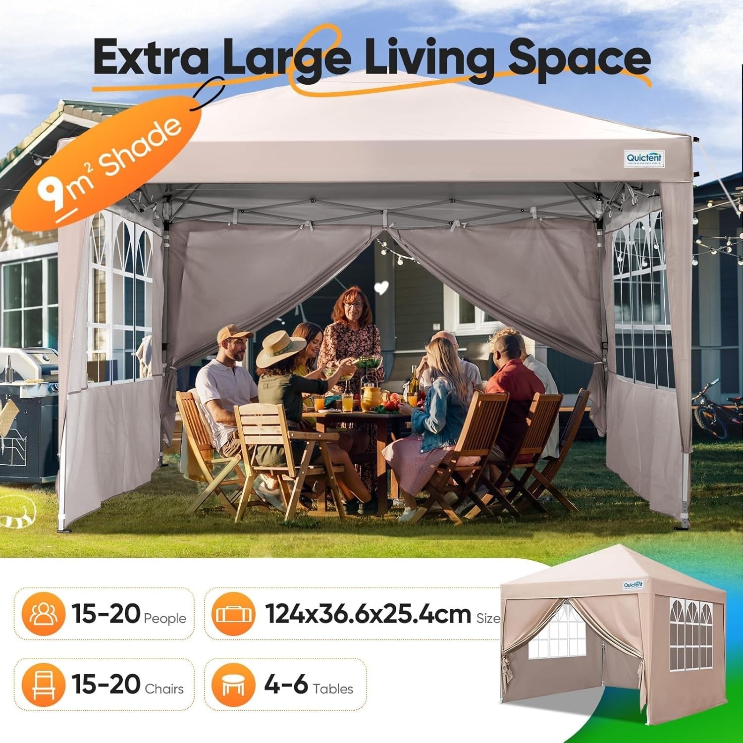 3x3M Beige Pop Up Gazebo With Removable Sides Waterproof Garden Party Tent