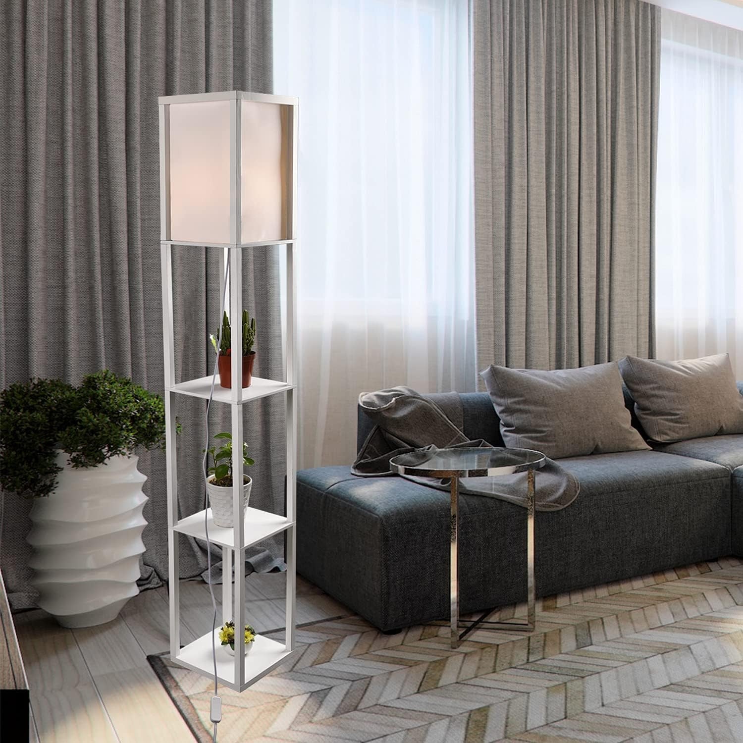 Floor Lamp with Shelves Storage Standing Light Wooden Modern White Tall