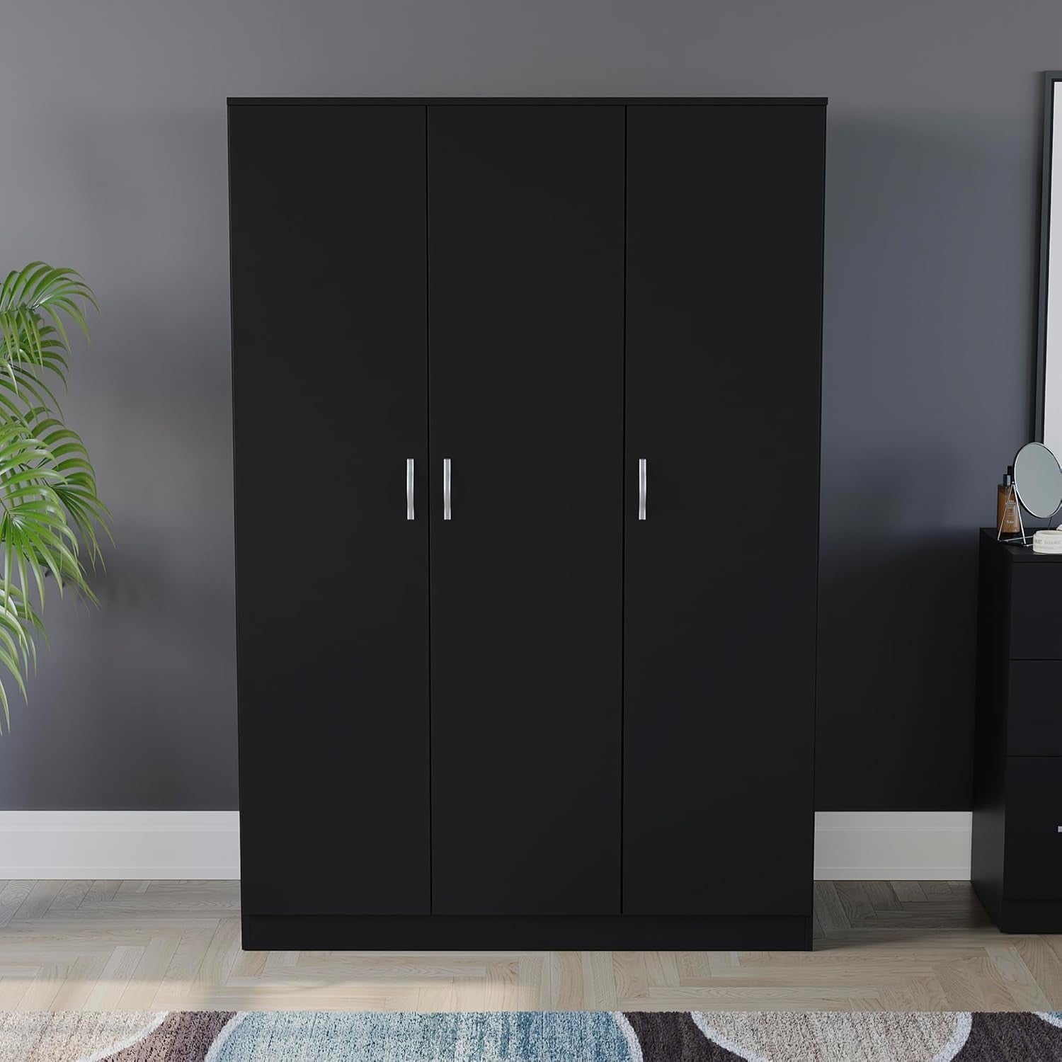 Black 3 Door Wardrobe with Shelf & Rail Modern Bedroom Storage