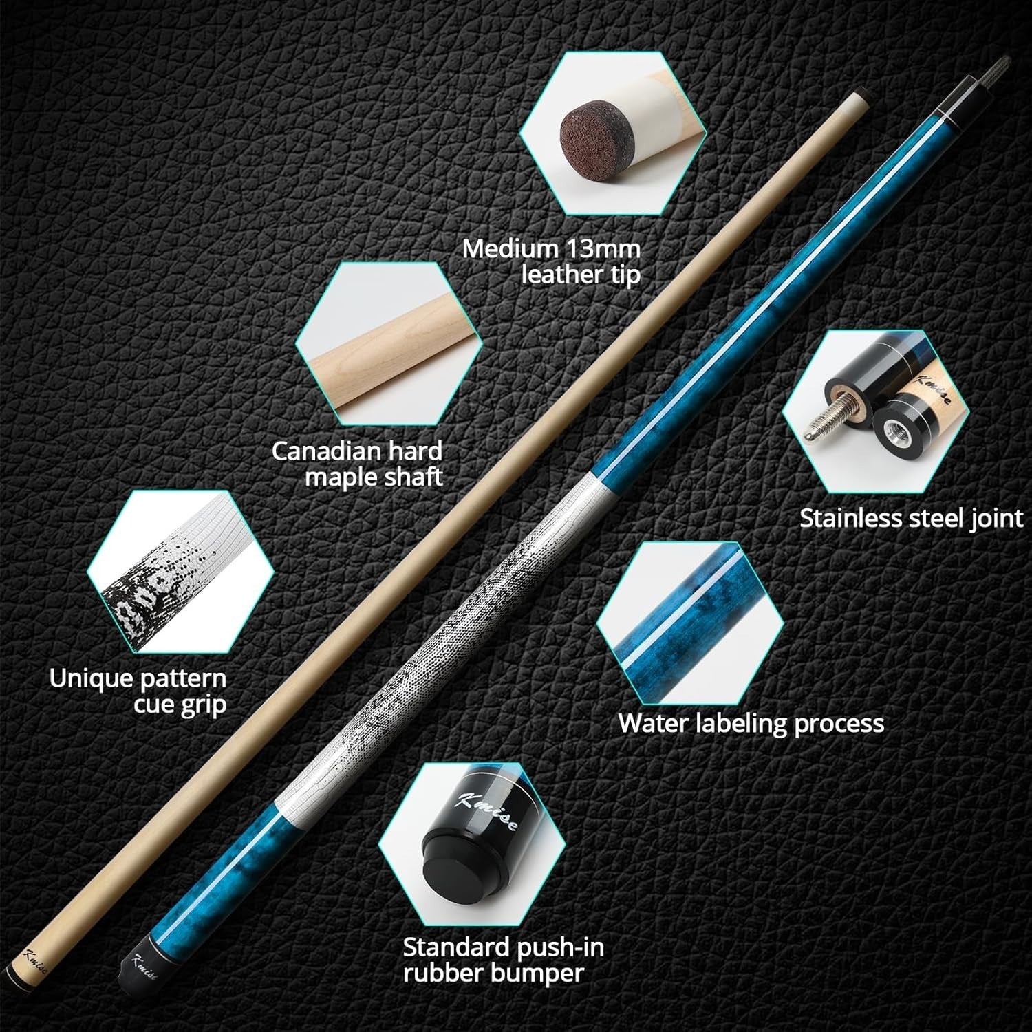 58in Low Deflection Pool Cue 19oz Maple Shaft 13mm Tip Grip