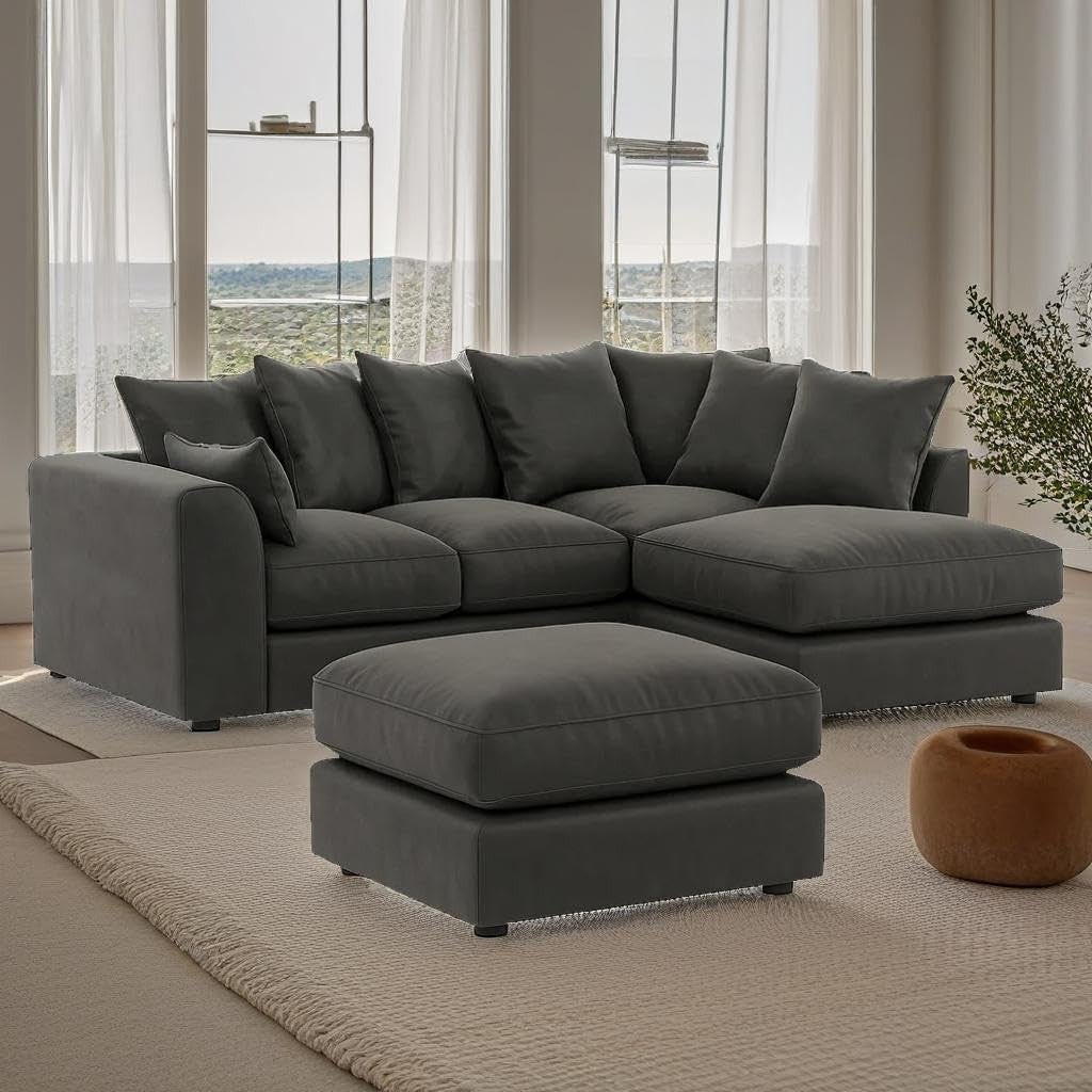 Grey Plush Velvet Corner Sofa with Footstool – 4 Seater RH L Shape Suite