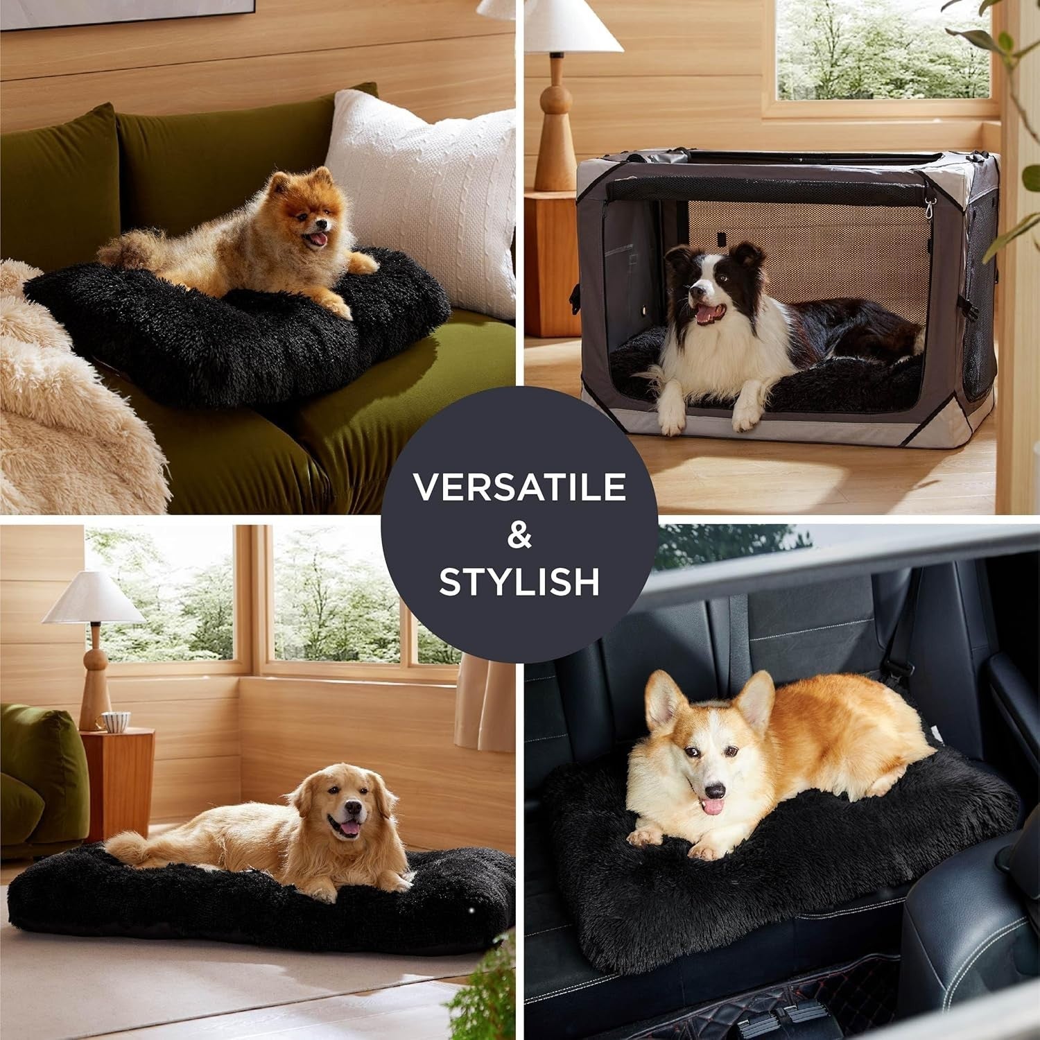 Large Fluffy Dog Crate Bed Washable Anti Slip Warm Cushion 89x58cm Black