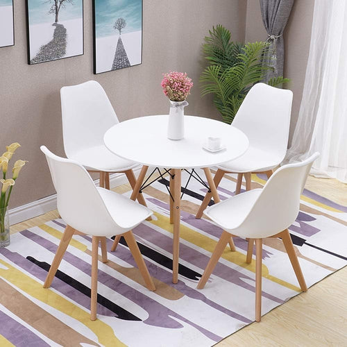 White Round Dining Table Set 4 Chairs – Modern Small Space Kitchen Café