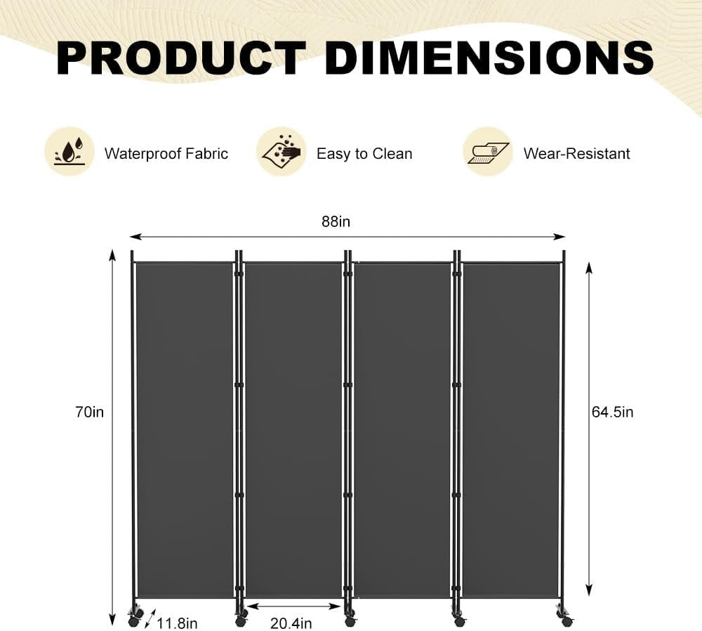 4 Panel Room Divider Folding Privacy Screen with Lockable Wheels – Portable Wall