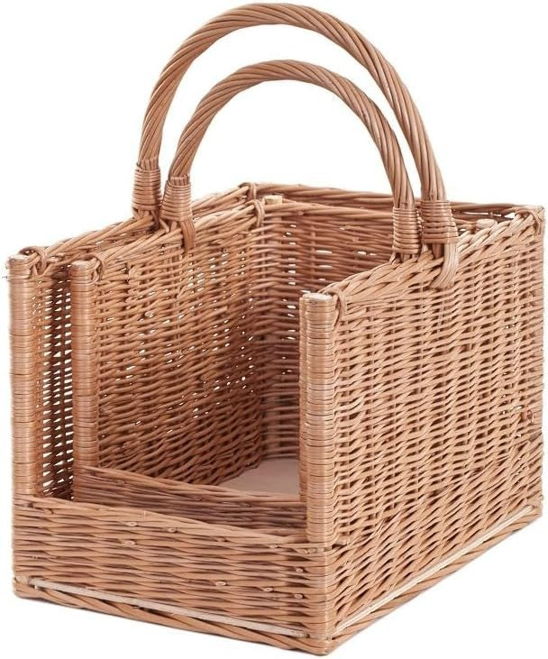 Wicker Log Basket with Handle for Firewood Storage Indoor Rustic Holder