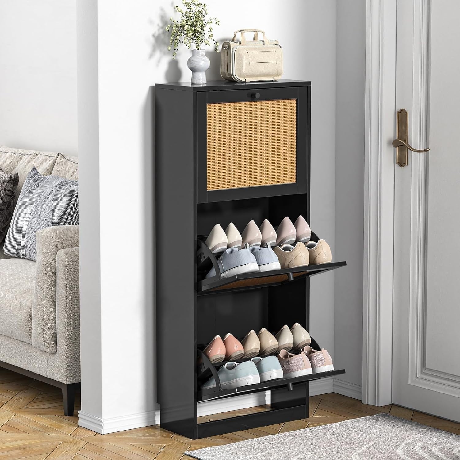 Rattan Shoe Cabinet 3 Flip Drawer Storage Cupboard Adjustable Shelves 51x122cm
