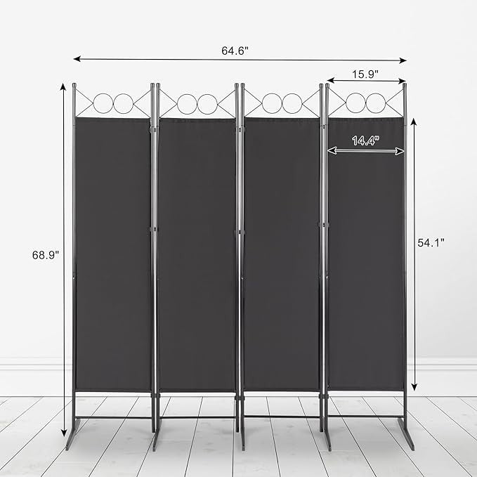 Black 4 Panel Room Divider 5.7FT Folding Privacy Screen – Portable Partition Wal