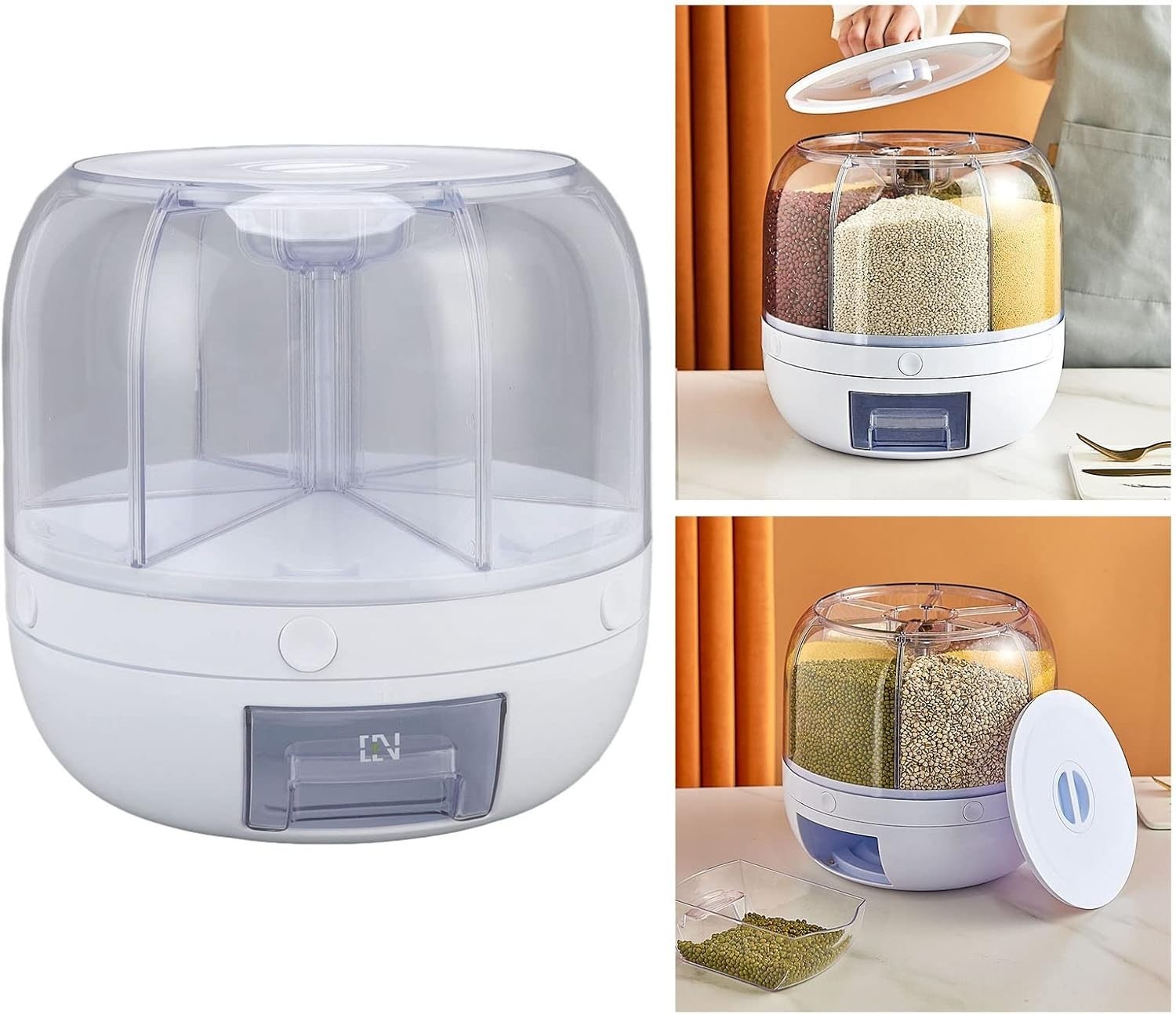 10KG Rice Dispenser 6 Grid Grain Storage Container PP Kitchen Organizer