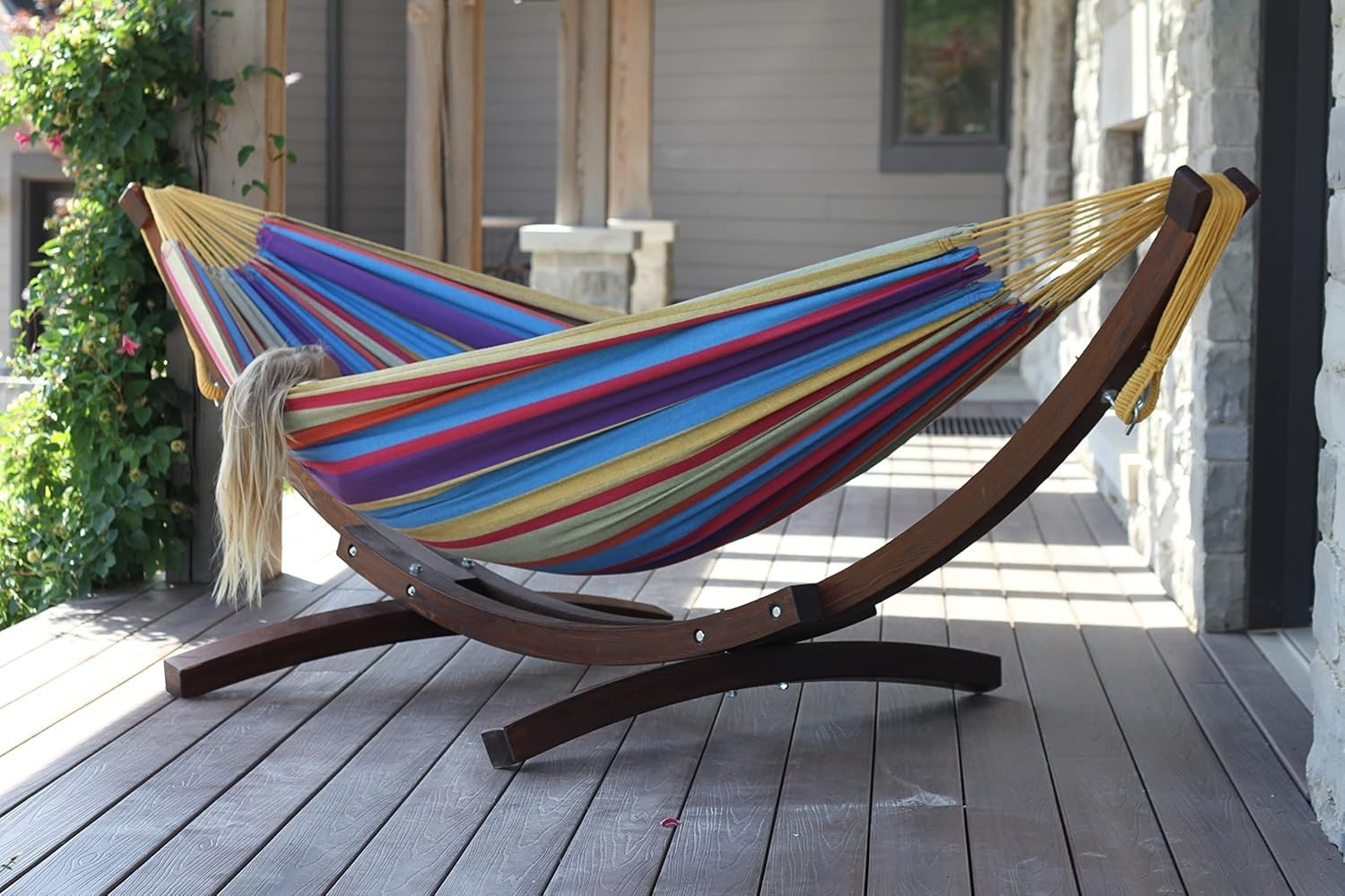 Luxury Double Cotton Hammock with Pine Arc Stand | 2 Person 204kg | 254cm