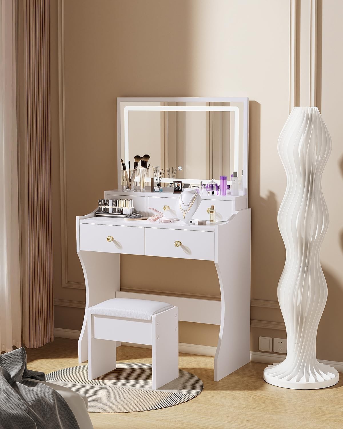 Vanity Dressing Table Set W/ LED Light Mirror Stool 5 Drawers White Compact