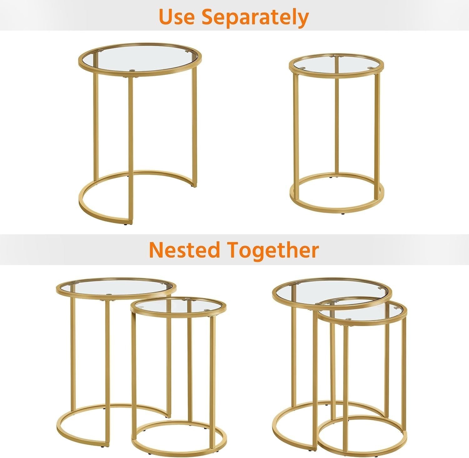 Gold Round End Table Set of 2 Modern Glass Nesting Coffee Side Tables Small Spac
