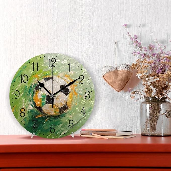 Soccer Wall Clock Green Art 25cm Silent Non-Ticking Sports Bedroom Decor Gift