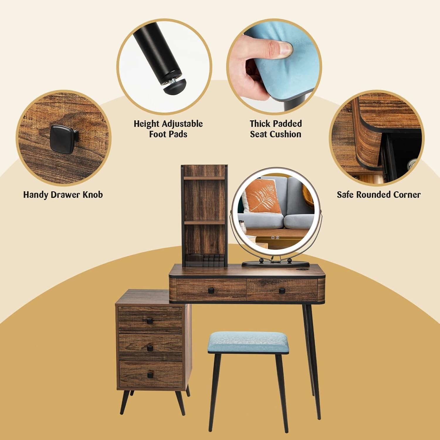 Vanity Makeup Dressing Table Set w/ LED Mirror Stool Storage Charging Station