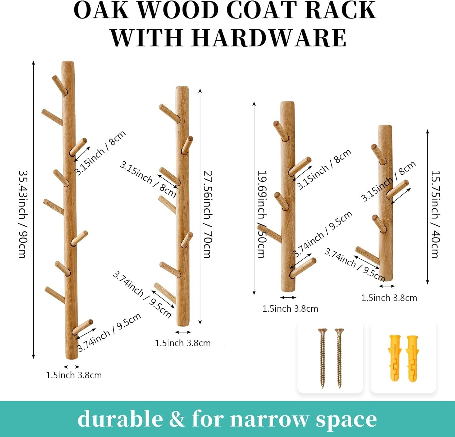 90cm Wall Mounted Wooden Coat Rack | Vertical Hat Hook Tree for Hallway Bags