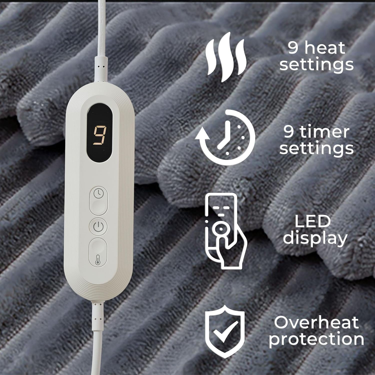 Electric Heated Blanket Throw Fleece Grey Overblanket Timer Washable