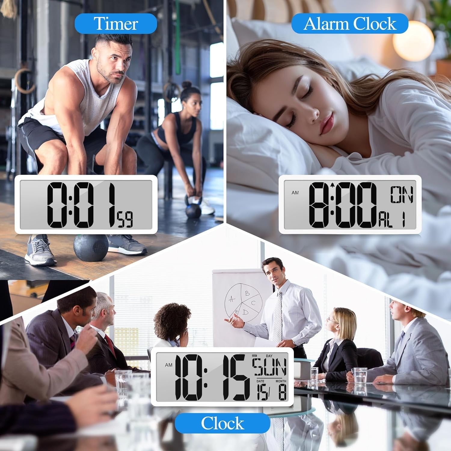 Large Digital Wall Clock 15'' LED Display Alarm Date Temp Backlight