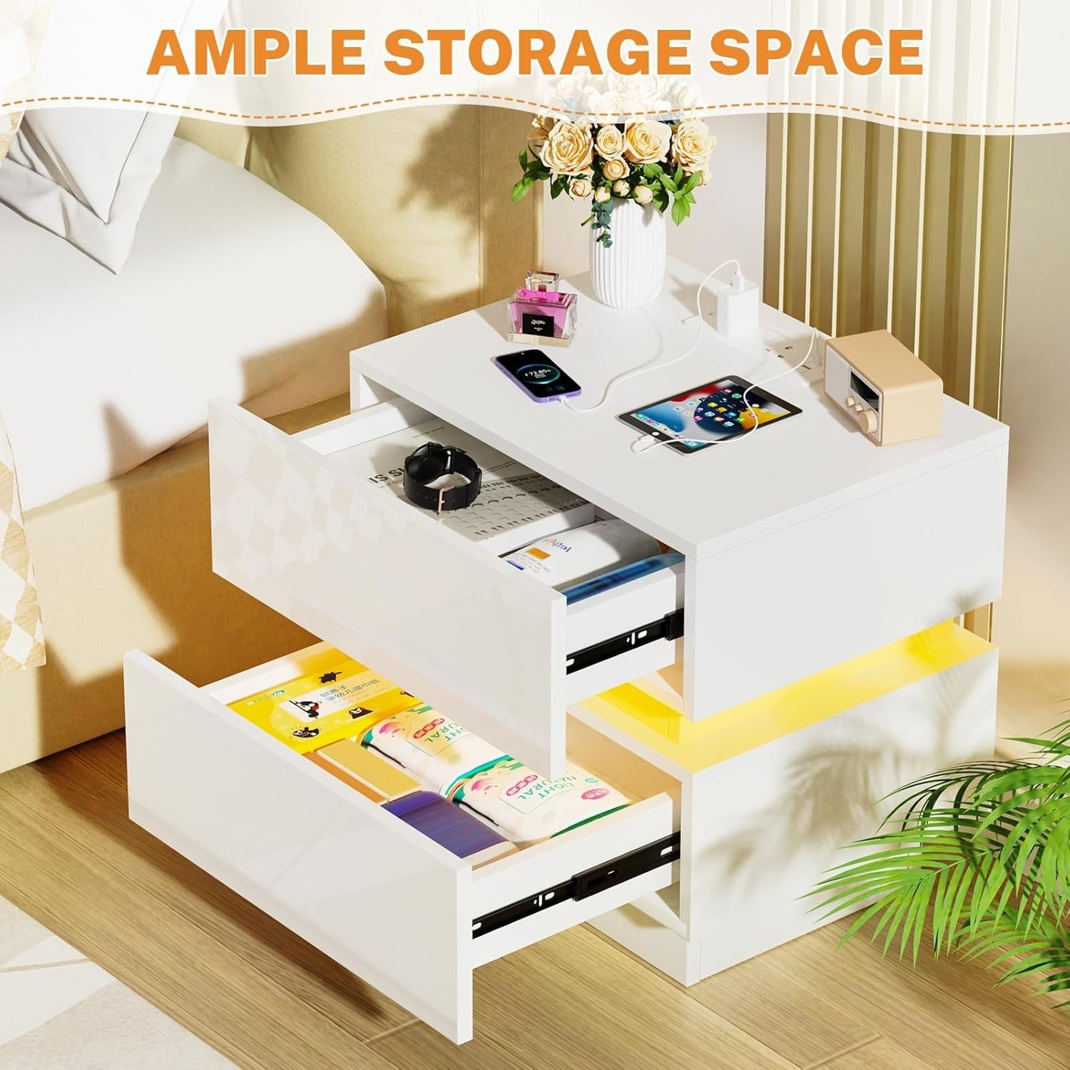Modern LED Bedside Table with USB Charging, 2 Drawers, Gloss Finish
