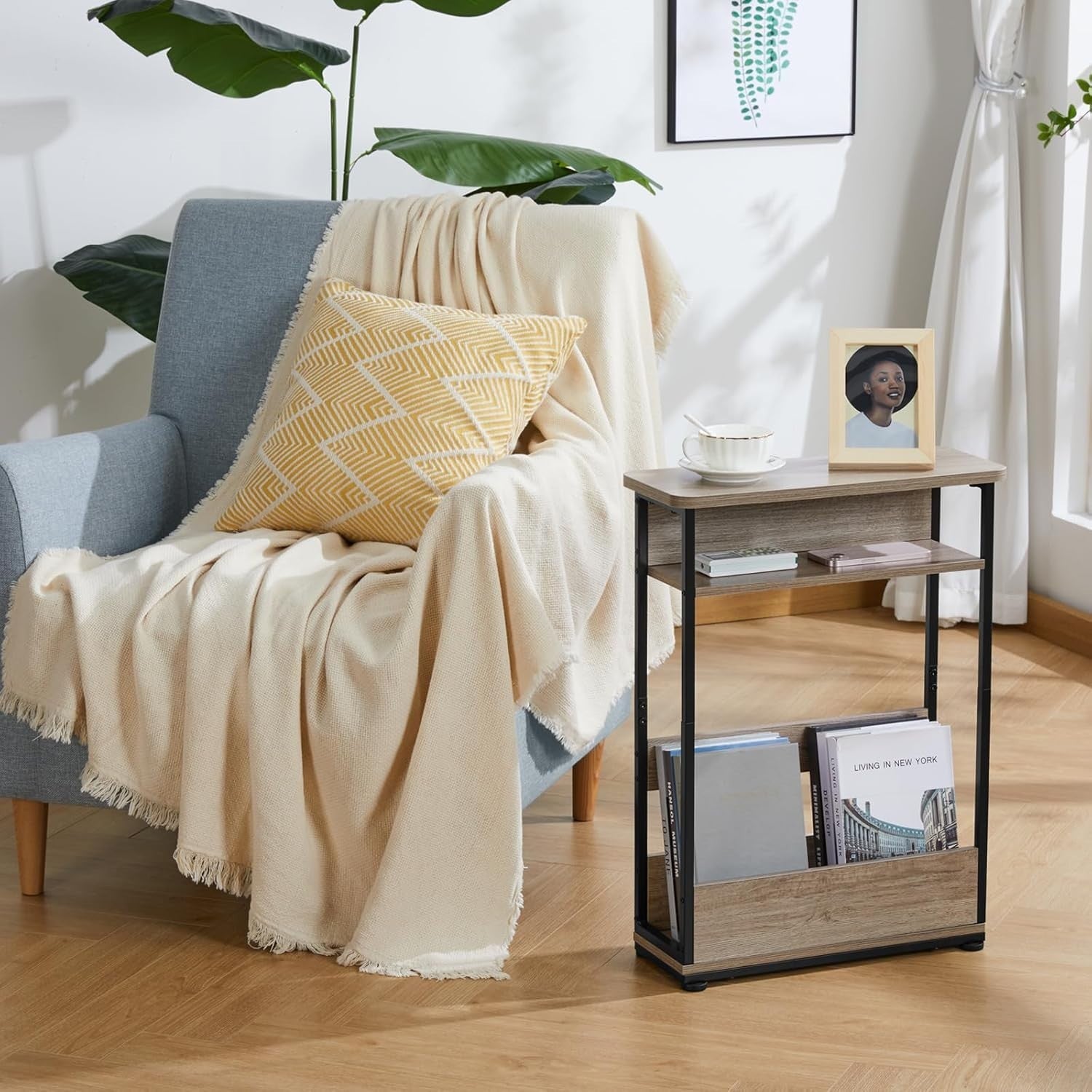Vintage 3-Tier Narrow Side Table with Storage Shelf, Slim Nightstand for Small S