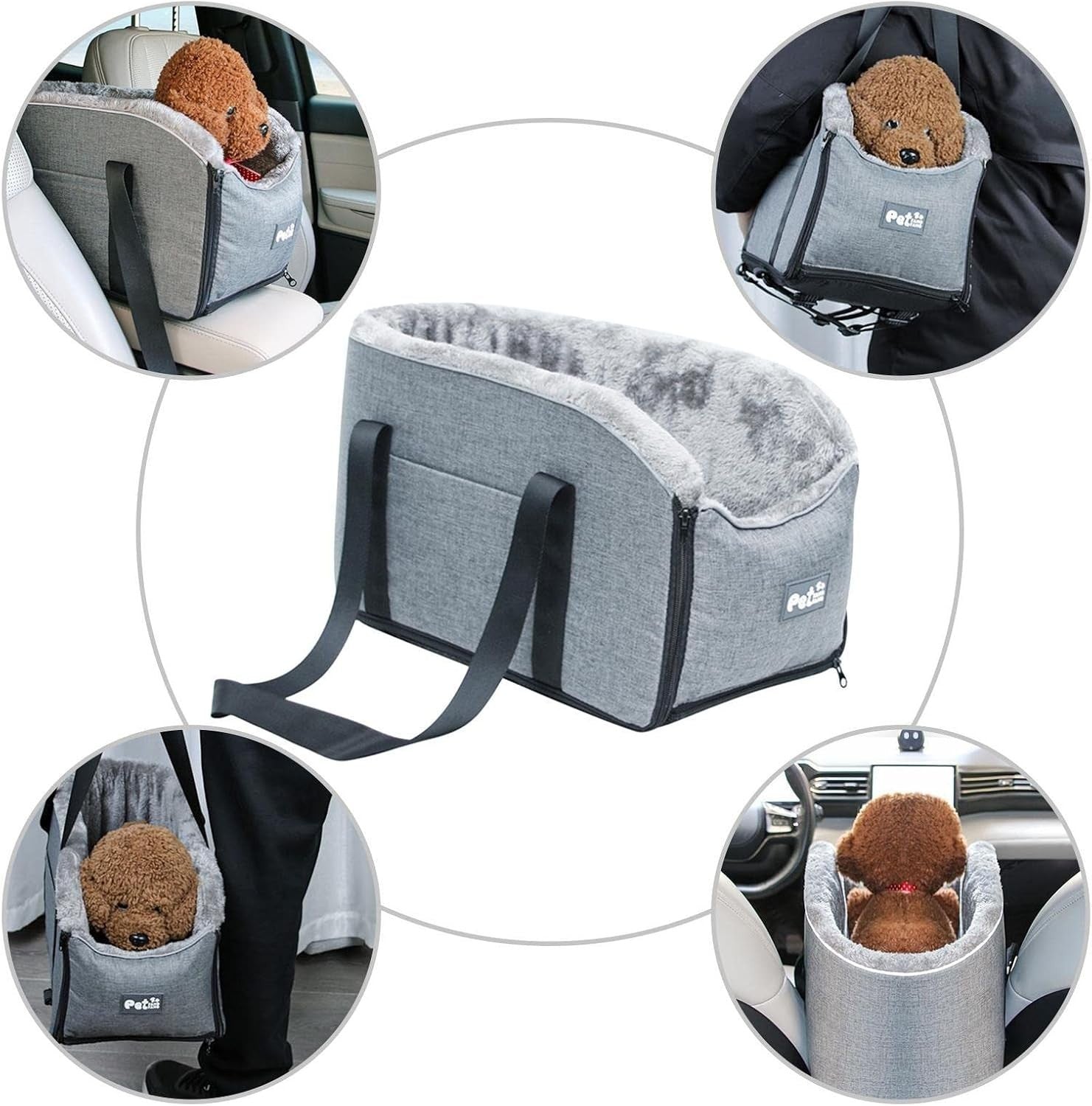 Dog Car Seat Booster Center Console Carrier Bed Washable Travel Bag Grey