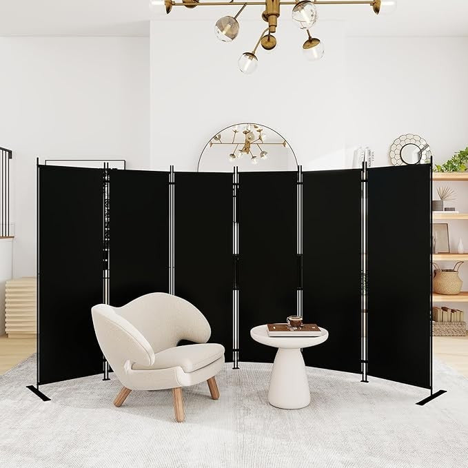 6-Panel Folding Room Divider 6ft Black Privacy Screen Wall for Home Office