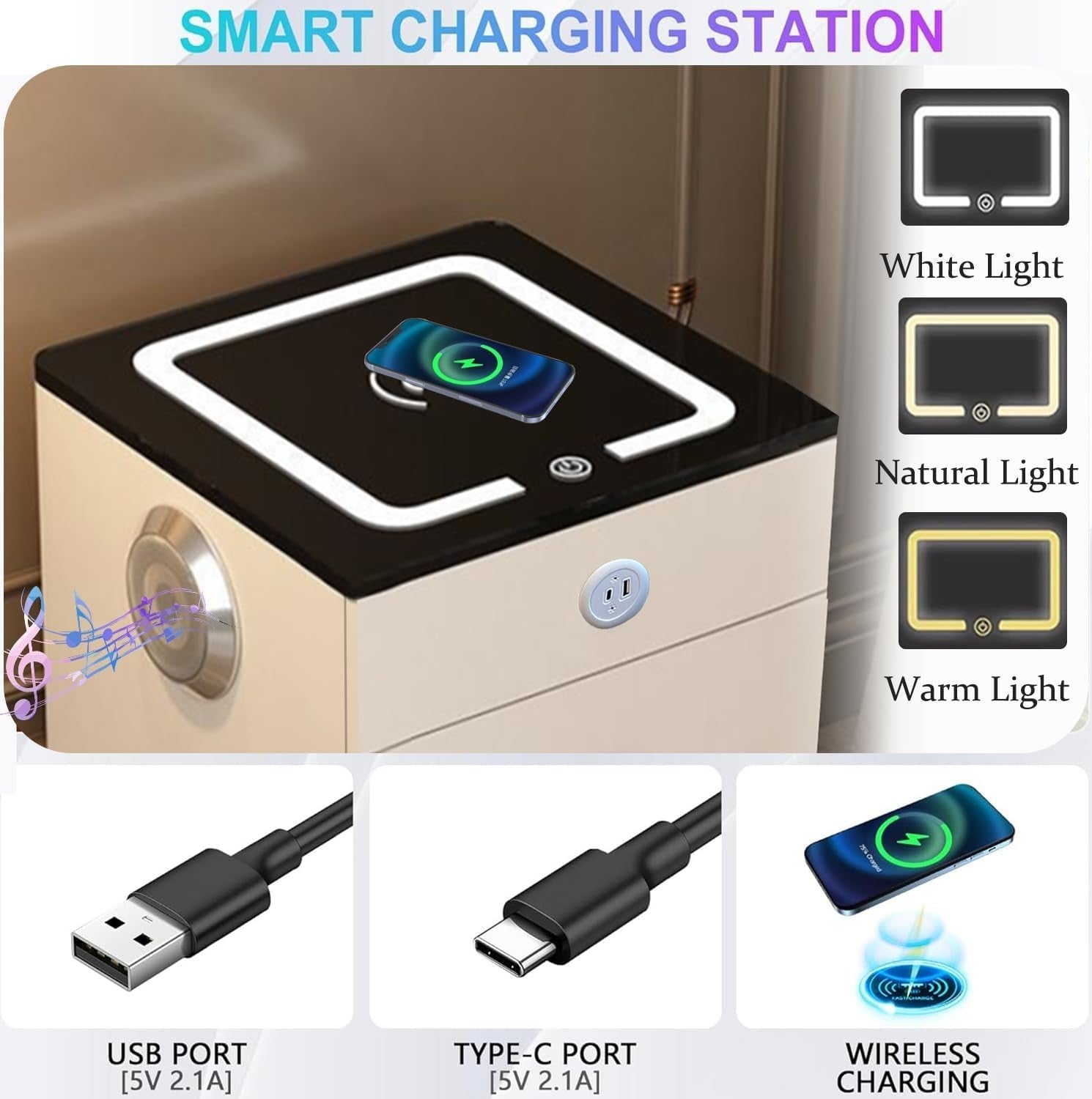 Modern Smart Dressing Table Vanity Desk with Mirror, Wireless Charger, 3-Color L
