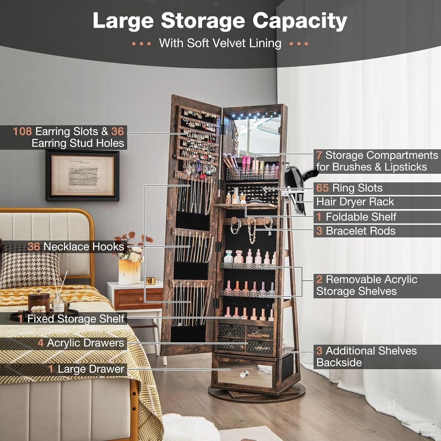 Rustic Brown 360° Swivel LED Jewelry Cabinet Mirror Lockable Storage Stand