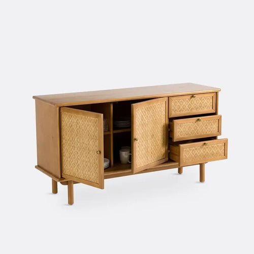 Pine Cane Sideboard Cabinet with Braided Doors & Storage Drawers