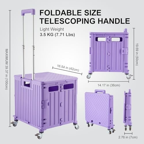 Folding Utility Cart Rolling Crate Trolley Lid Basket 360° Wheels Purple